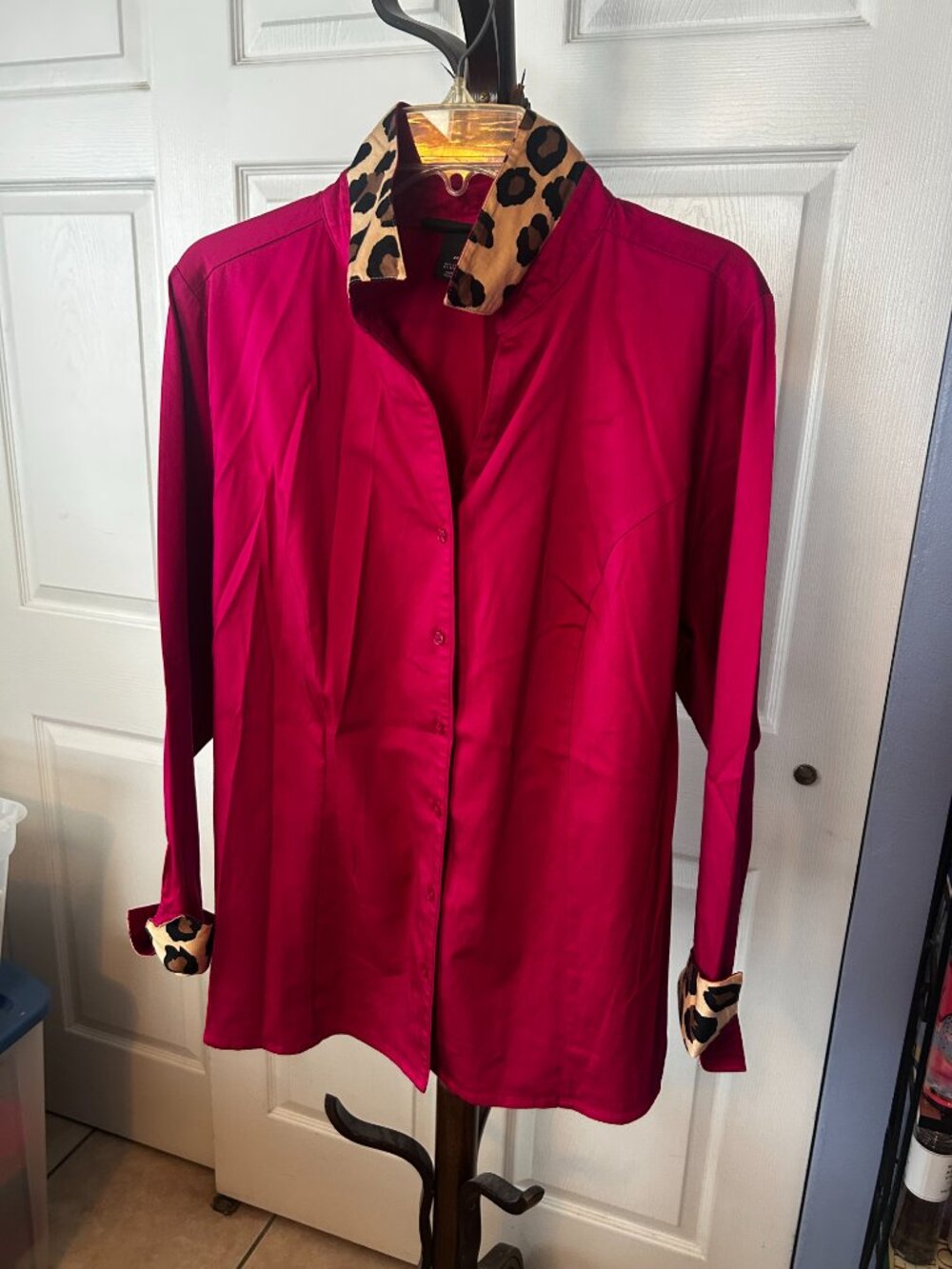 Lane Bryant Hot Pink w/ Leopard Cuffs Cotton Long Sleeve Shirt